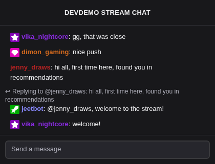 A viewer writes their first message and the bot replies in chat