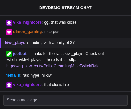 In chat the bot thanks kiwi_plays for the raid and posts a link to a clip
