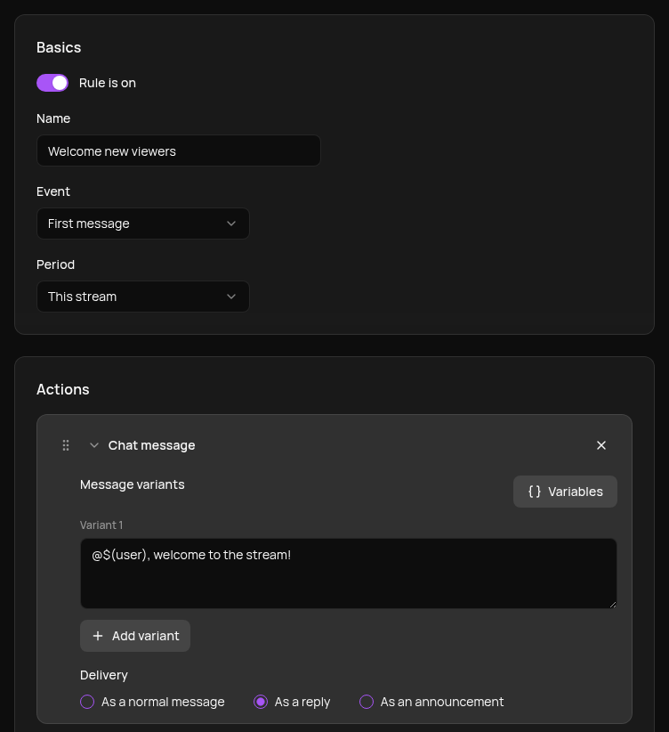 The first message rule: period "This stream", a reply to the viewer