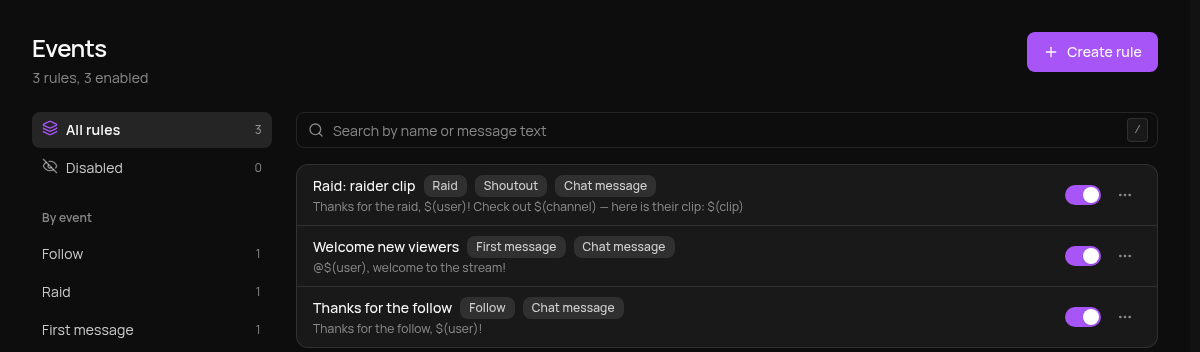 The rule list: "Raid: raider clip", "Welcome new viewers" and "Thanks for the follow"