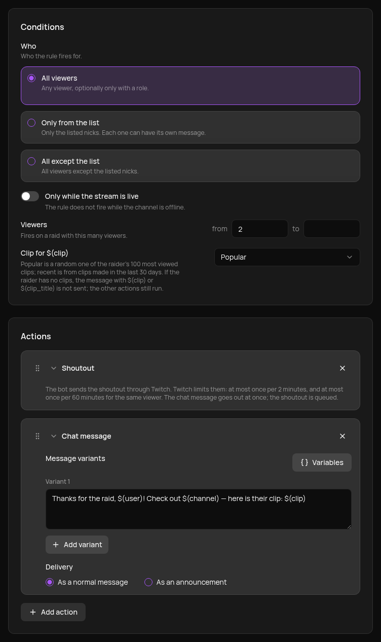 The raid rule: viewers from 2, clip source, shoutout and a chat message with $(clip)