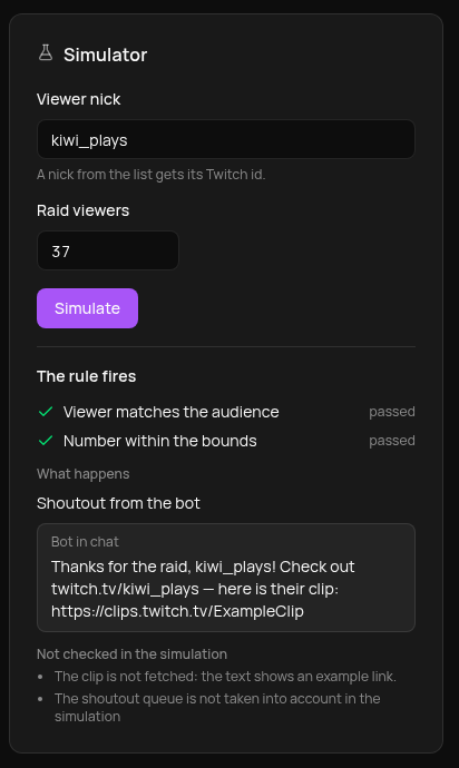The Simulator shows the raid rule will fire: a shoutout and a bot message