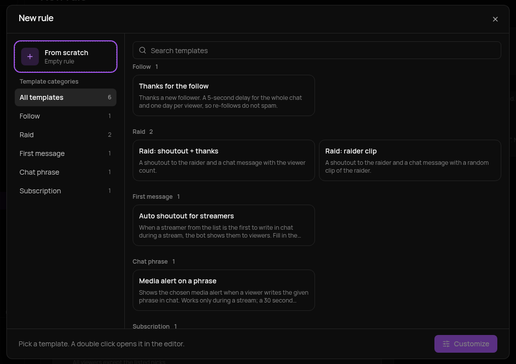 Choosing a template for a new rule
